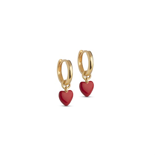 Enamel, Hoops Amore øreringe med Rødt Hjerte, Forgyldt